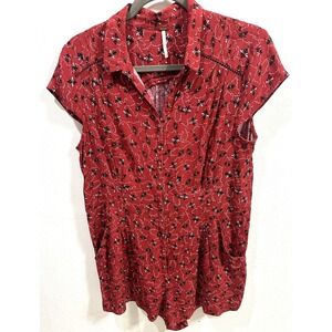 Free‎ People Floral Print Romper Red Black Short Sleeve Size Small
